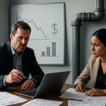 Business owner reviewing operational cash flow problems in an office setting