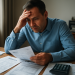 Business owner reviewing invoices and cash flow reports while dealing with a cash shortage