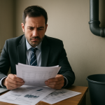 Business owner reviewing financial reports beside a leaking bucket, showing cash flow problems and broken operations