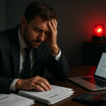 Small business owner reviewing unpaid invoices and cash flow documents with a warning light in the background