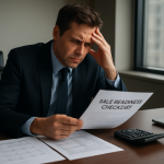Business owner reviewing exit planning documents beside financial statements and a calculator