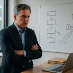 Business owner reviewing an exit plan and operations map in an office