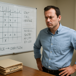 Business owner reviewing staffing plans and cash flow notes in a stressed office
