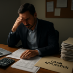 Business owner reviewing loan papers beside invoices, showing the contrast between strategic debt and cash flow crisis