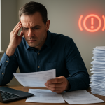 Business owner reviewing cash flow reports with concern, illustrating a cash flow loan warning sign