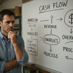 Business owner tracing a cash flow leak on a whiteboard
