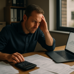 Business owner reviewing a cash flow forecast and bills, looking concerned about whether borrowing is the right move