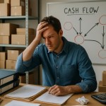 Business owner reviewing cash flow problems caused by margin, collections, inventory, and overhead issues