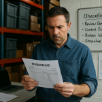 Small business owner reviewing cash flow repair priorities in an office and warehouse setting