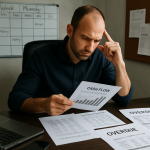 Business owner reviewing cash flow reports and overdue invoices in a leadership meeting