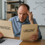Business owner weighing strategic debt versus desperate debt with cash flow documents on a desk