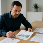 Business owner reviewing cash flow reports, decision rules, and accountability notes in a clean office setting